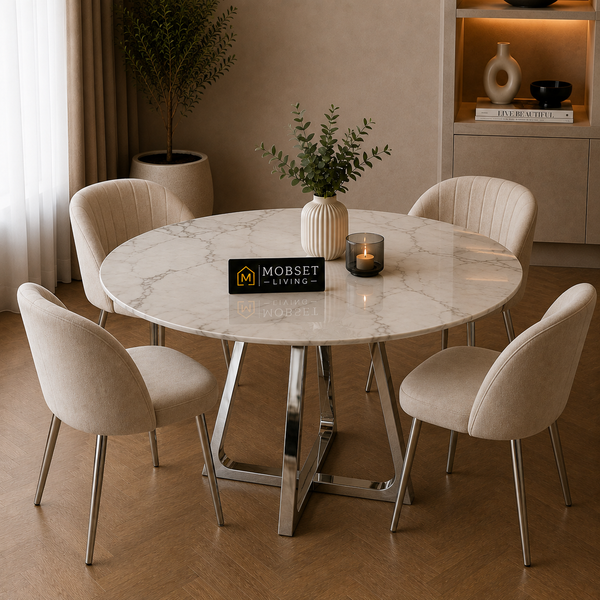 Ronde Travertin Eettafel 130 cm – Beige met Zilveren RVS Onderstel