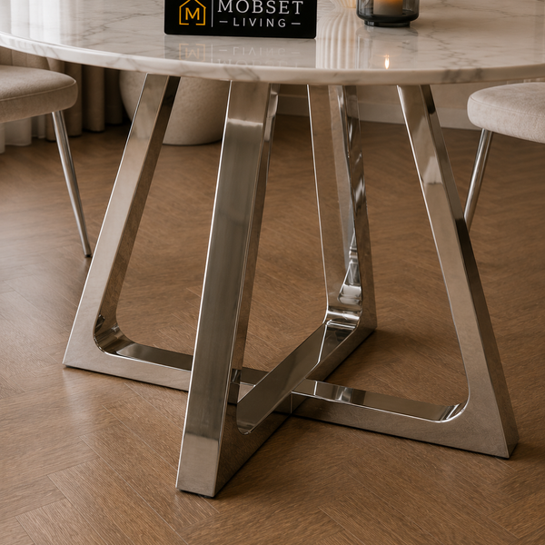 Ronde Travertin Eettafel 130 cm – Beige met Zilveren RVS Onderstel