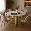 Ronde Travertin Eettafel 130 cm – Beige met Gouden RVS Onderstel