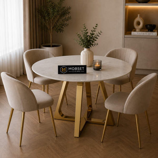 Ronde Travertin Eettafel 130 cm – Beige met Gouden RVS Onderstel