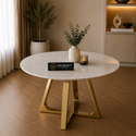 Ronde Travertin Eettafel 130 cm – Beige met Gouden RVS Onderstel