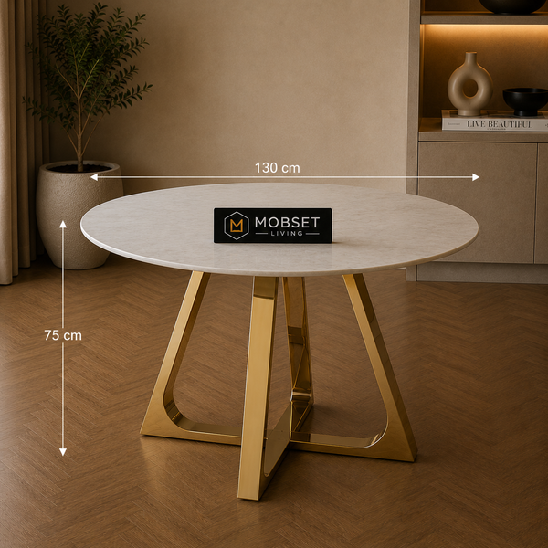 Ronde Travertin Eettafel 130 cm – Beige met Gouden RVS Onderstel