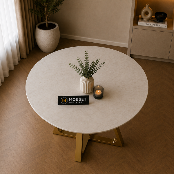 Ronde Travertin Eettafel 130 cm – Beige met Gouden RVS Onderstel