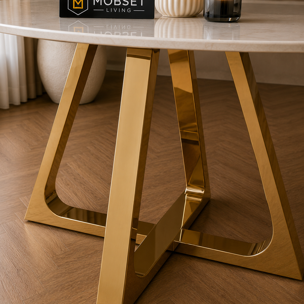 Ronde Travertin Eettafel 130 cm – Beige met Gouden RVS Onderstel