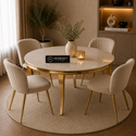 Ronde Travertin Eettafel 130 cm – Wit met Gouden Onderstel Recht