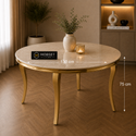Ronde Travertin Eettafel 130 cm – Wit met Gouden Onderstel Recht