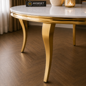 Ronde Travertin Eettafel 130 cm – Wit met Gouden Onderstel Recht