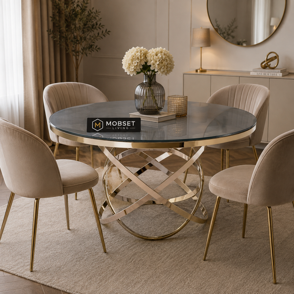 Ronde Glazen Eettafel 130 cm – Smoke Glas met Gouden Design Onderstel