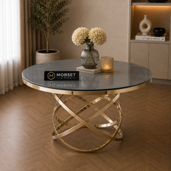 Ronde Glazen Eettafel 130 cm – Smoke Glas met Gouden Design Onderstel