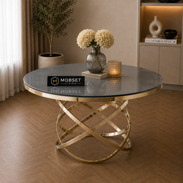 Ronde Glazen Eettafel 130 cm – Smoke Glas met Gouden Design Onderstel