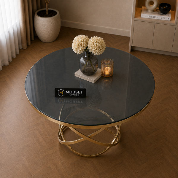 Ronde Glazen Eettafel 130 cm – Smoke Glas met Gouden Design Onderstel
