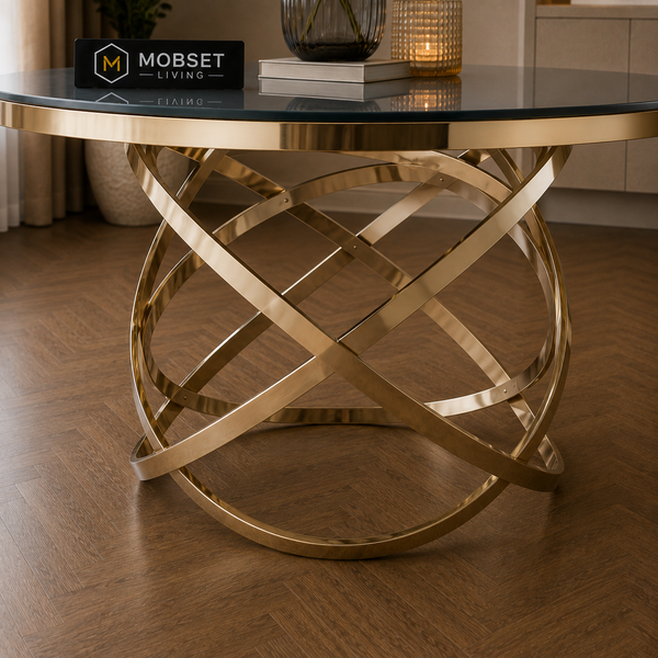 Ronde Glazen Eettafel 130 cm – Smoke Glas met Gouden Design Onderstel