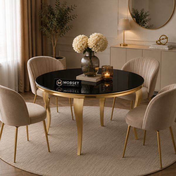 Ronde Eettafel Zwart Goud 130 cm – Luxe Design met Gouden Onderstel