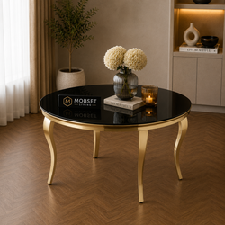 Ronde Eettafel Zwart Goud 130 cm – Luxe Design met Gouden Onderstel