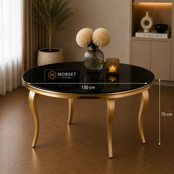 Ronde Eettafel Zwart Goud 130 cm – Luxe Design met Gouden Onderstel