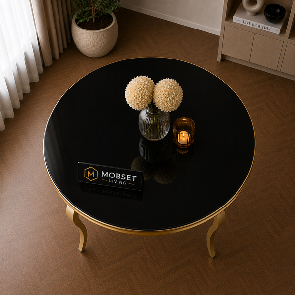 Ronde Eettafel Zwart Goud 130 cm – Luxe Design met Gouden Onderstel
