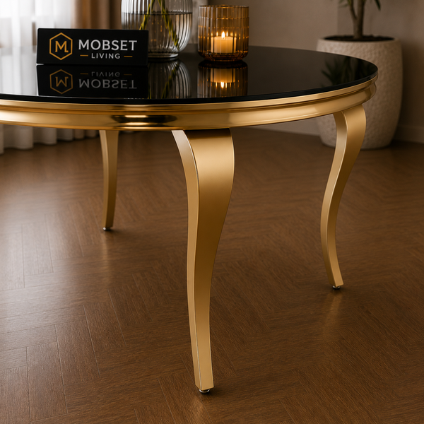 Ronde Eettafel Zwart Goud 130 cm – Luxe Design met Gouden Onderstel