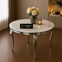 Travertin Eettafel Verona – Rond 130 cm – Wit met Zilveren Poten