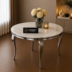 Travertin Eettafel Verona – Rond 130 cm – Wit met Zilveren Poten