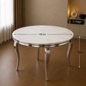 Travertin Eettafel Verona – Rond 130 cm – Wit met Zilveren Poten