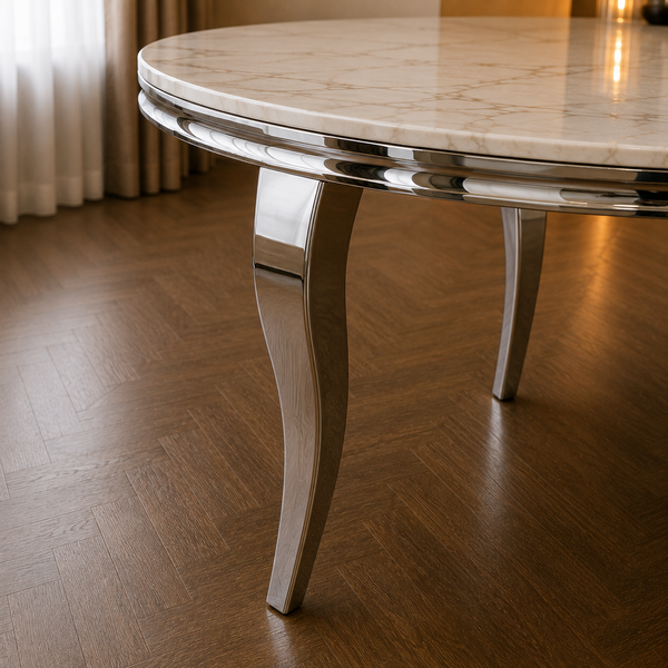 Travertin Eettafel Verona – Rond 130 cm – Wit met Zilveren Poten