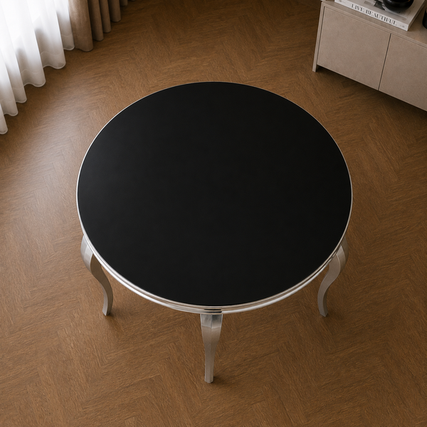 Ronde Eettafel Zwart met Zilveren RVS Poten 130 cm Milano