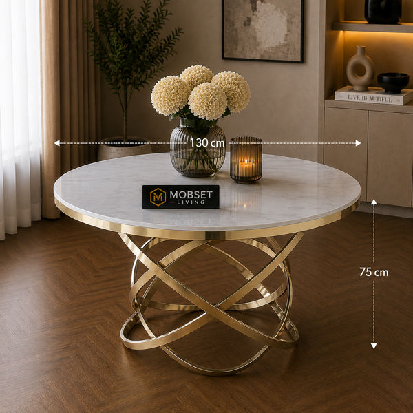 Ronde Travertin Eettafel Wit met Gouden Design Onderstel 130 cm Aurelia