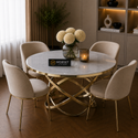 Ronde Travertin Eettafel Wit met Gouden Design Onderstel 130 cm Aurelia