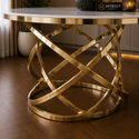 Ronde Travertin Eettafel Wit met Gouden Design Onderstel 130 cm Aurelia
