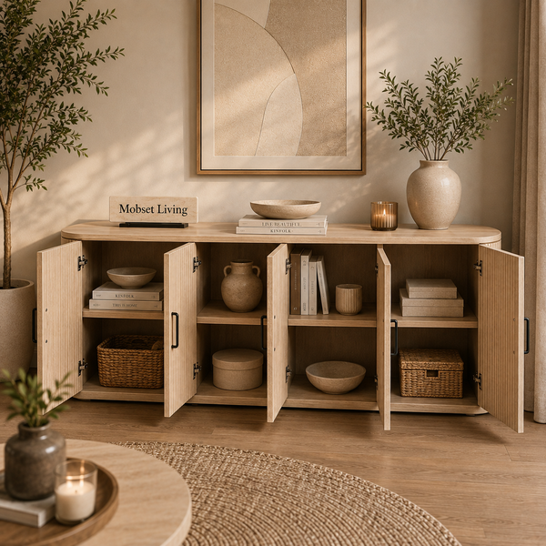 Japandi dressoir – Travertin blad met 4 deuren - Beige
