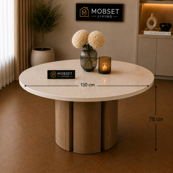 Ronde Japandi Eettafel – Travertin met Bruine Poot – 130 cm