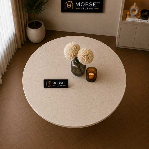 Ronde Japandi Eettafel – Travertin met Bruine Poot – 130 cm