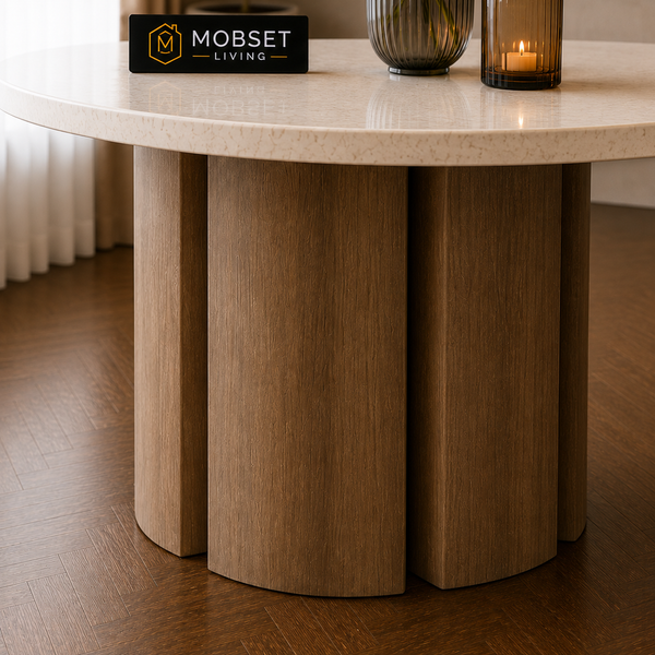 Ronde Japandi Eettafel – Travertin met Bruine Poot – 130 cm