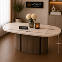 Ovalen Japandi Eettafel – Travertin met Bruine Poot – 160 cm