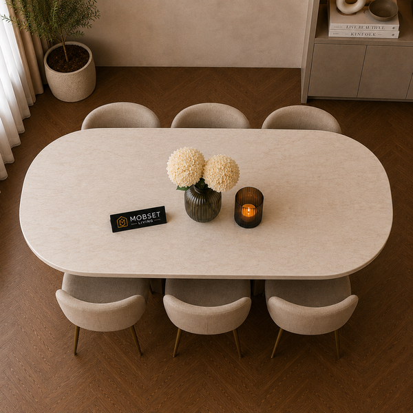 Ovalen Japandi Eettafel – Travertin met Bruine Poot – 160 cm