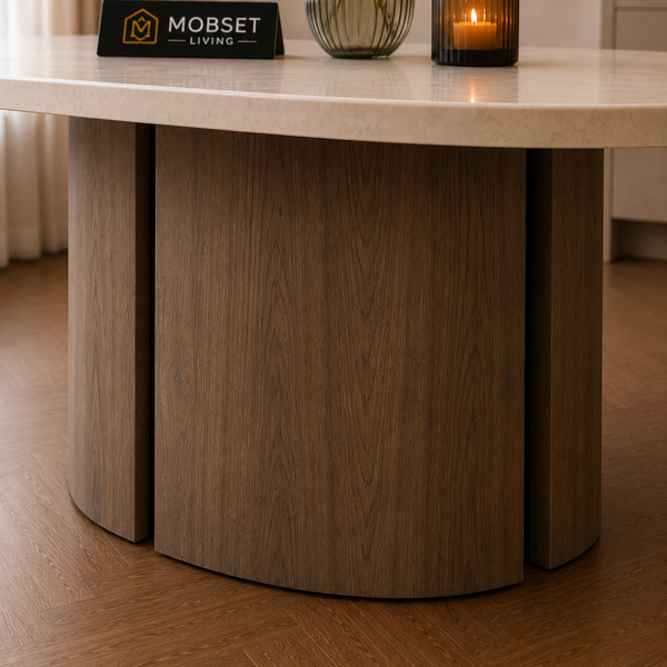 Ovalen Japandi Eettafel – Travertin met Bruine Poot – 160 cm