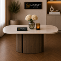 Ovalen Japandi Eettafel – Travertin met Bruine Poot – 160 cm