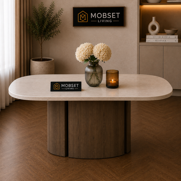 Ovalen Japandi Eettafel – Travertin met Bruine Poot – 160 cm