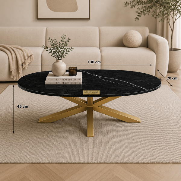 Salontafel Ovaal Zwart Travertin Poten Goud - Amira