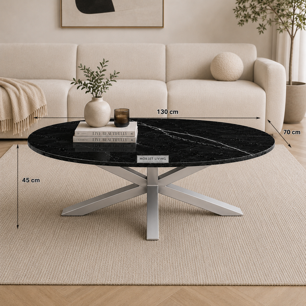 Salontafel Ovaal Zwart Travertin Poten Zilver - Dina