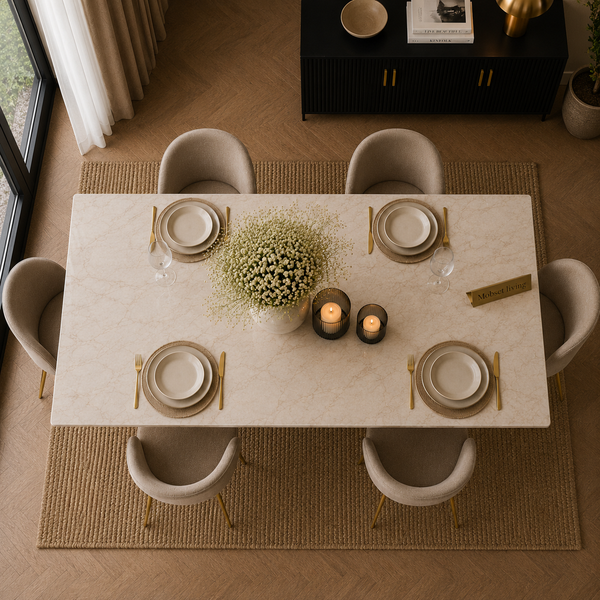Eettafel Langwerpig – Crème Blad met Gouden Poot 180cm