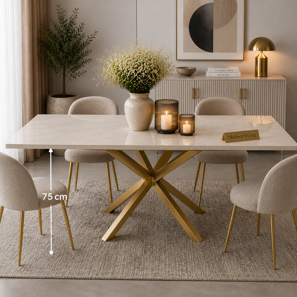 Eettafel Langwerpig – Crème Blad met Gouden Poot 180cm