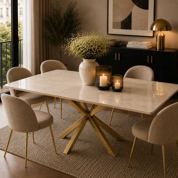 Eettafel Langwerpig – Crème Blad met Gouden Poot 180cm