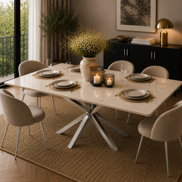 Eettafel Travertin Crème Zilveren Onderstel 180cm - Rosa