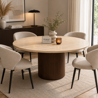 Eettafel Japandi travertin rond bruin 130 cm - Kimberly