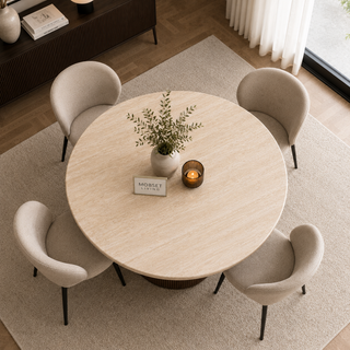 Eettafel Japandi travertin rond bruin 130 cm - Kimberly