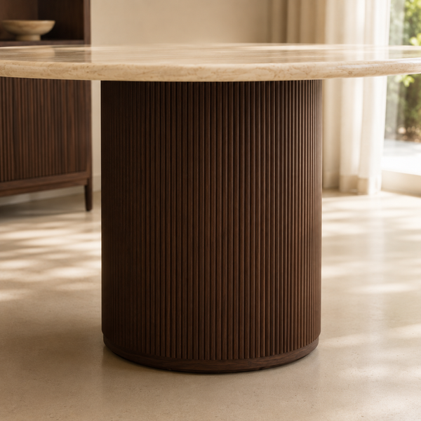 Eettafel Japandi travertin rond bruin 130 cm - Kimberly