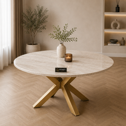 Ronde Travertin Eettafel 130 cm Crème - Gouden X-poot - Elena