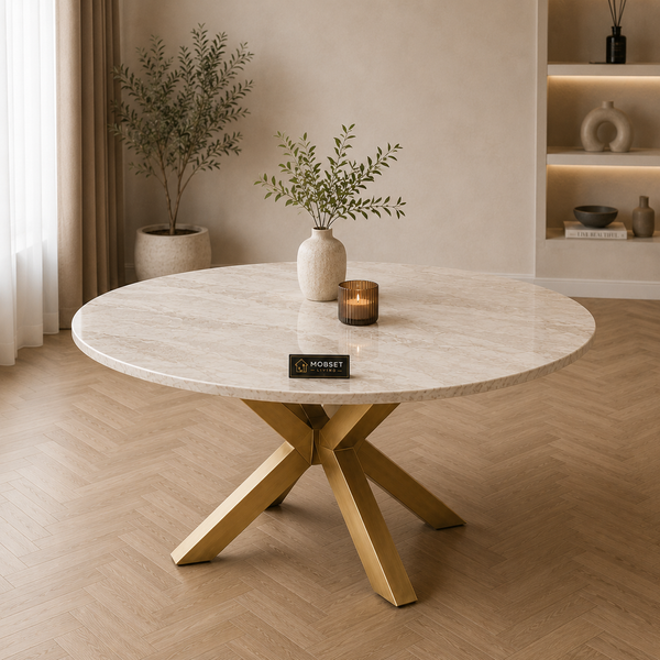 Ronde Travertin Eettafel 130 cm  Witte blad- Gouden X-poot - Elena