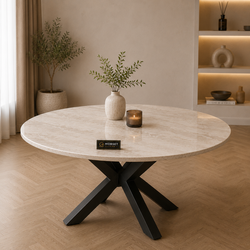 Ronde Travertin Eettafel 130 cm Crème - Zwarte X-poot - Luna